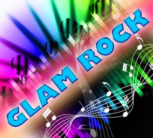 scritta Glam rock su sfondo colorato e con note musicali