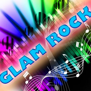 scritta Glam rock su sfondo colorato e con note musicali