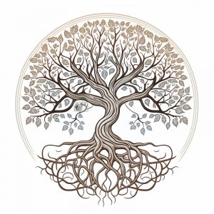 disegno albero della vita di colore marrone con rami e radici ben in vista e sfondo bianco