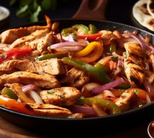 pentola con all'interno pollo, peperoni e cipolla