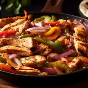 pentola con all'interno pollo, peperoni e cipolla
